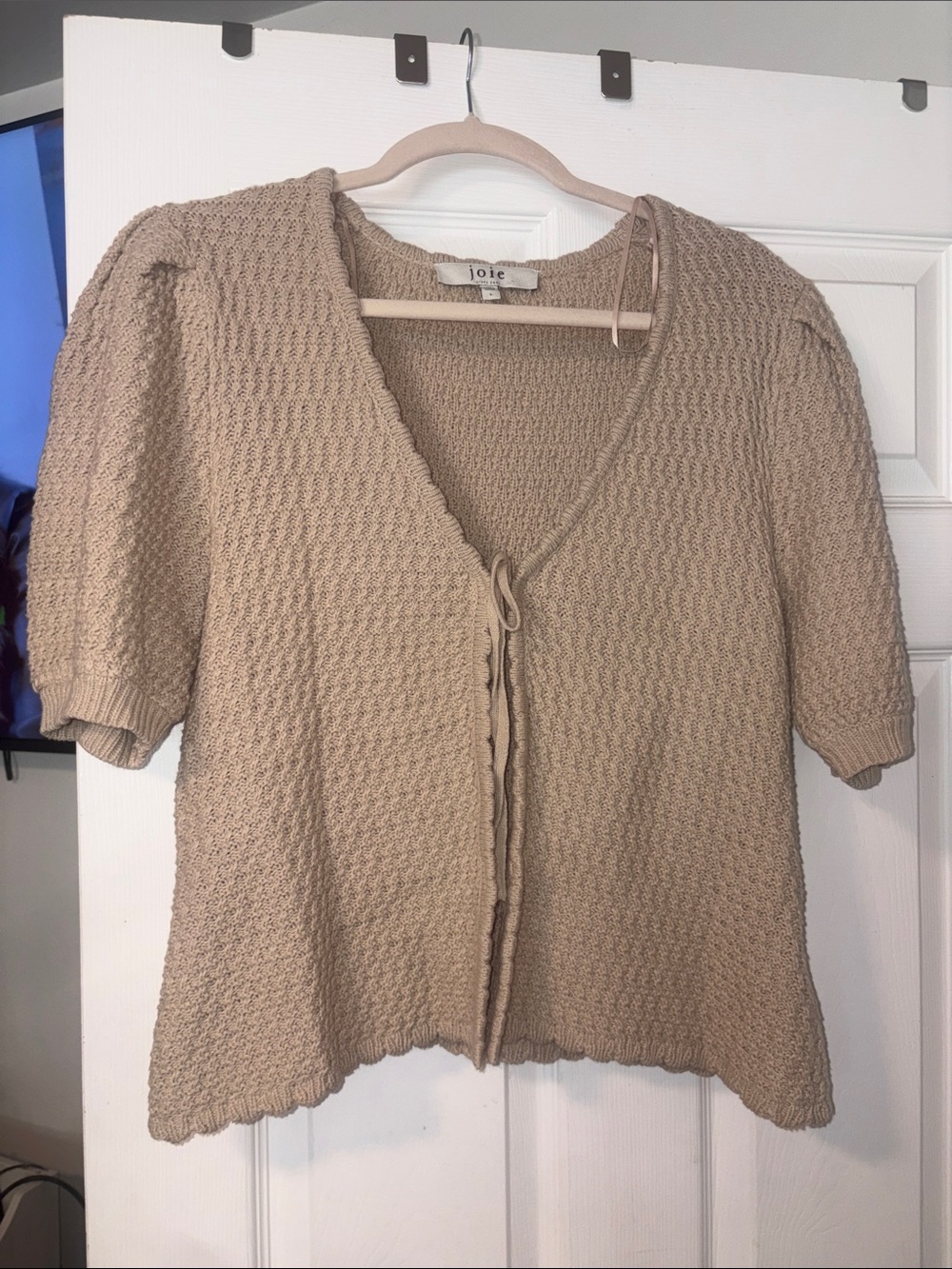 Joie Beige Textured Short-Sleeve Tie-Front Cardigan